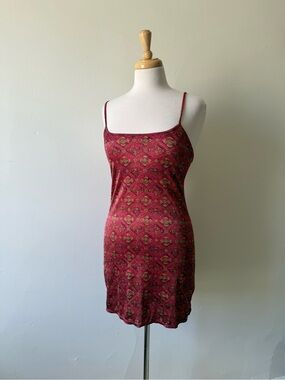 Vintage Y2K Ripple Satin Stretch Slip Dress Pink Paisley Print Medium